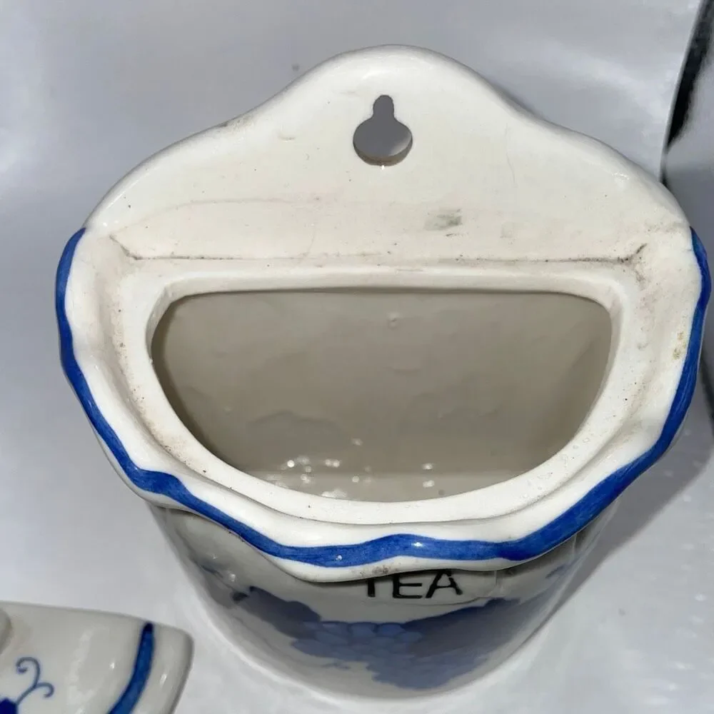 Vintage Tea Jar Hanging Wall Pocket Canister Blue White Ceramic Grape Hand Paint